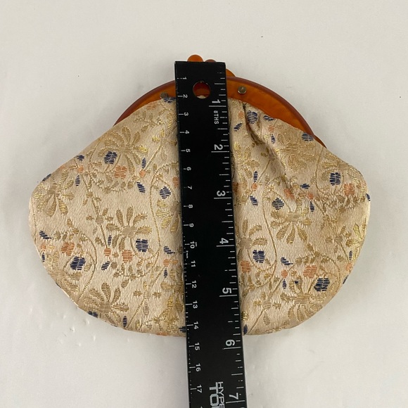 Japanese Kimono Dress Clutch Bag Vtg Green Flowers Tortoise Shell Handle - Picture 5 of 9